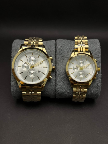 ساعت مچی ست رومانسون طلایی طرح کرنو فول استیل شیشه برجسته-ضدآب استخری