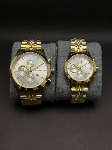 ساعت مچی ست رومانسون طلایی طرح کرنو فول استیل شیشه برجسته-ضدآب استخری