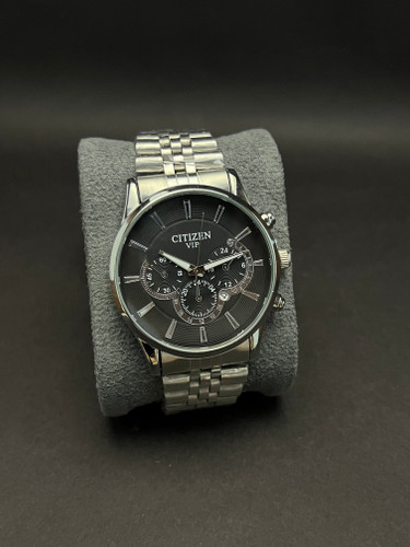 ساعت مچی مردانه ستیزن طرح کرنو بند استیل نقره ای_قاب فلز صفحه مشکی