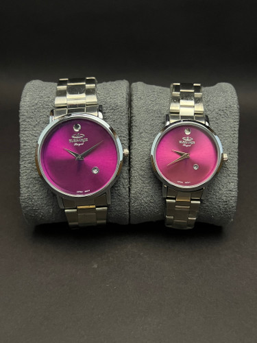 ساعت مچی ست الگاتس طرح کلاسیک بند استیل نقره ای_قاب فلز صفحه بنفش