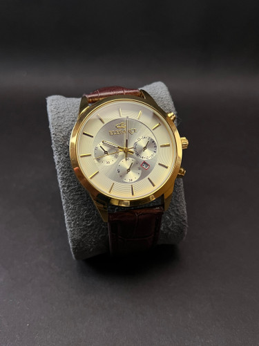 ساعت مچی مردانه الگانس طرح کرنو بند چرم _قاب فلز صفحه زرد