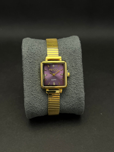 ساعت مچی زنانه مارک Fencci بند استیل کرکره طلایی_قاب مستطیل صفحه بنفش